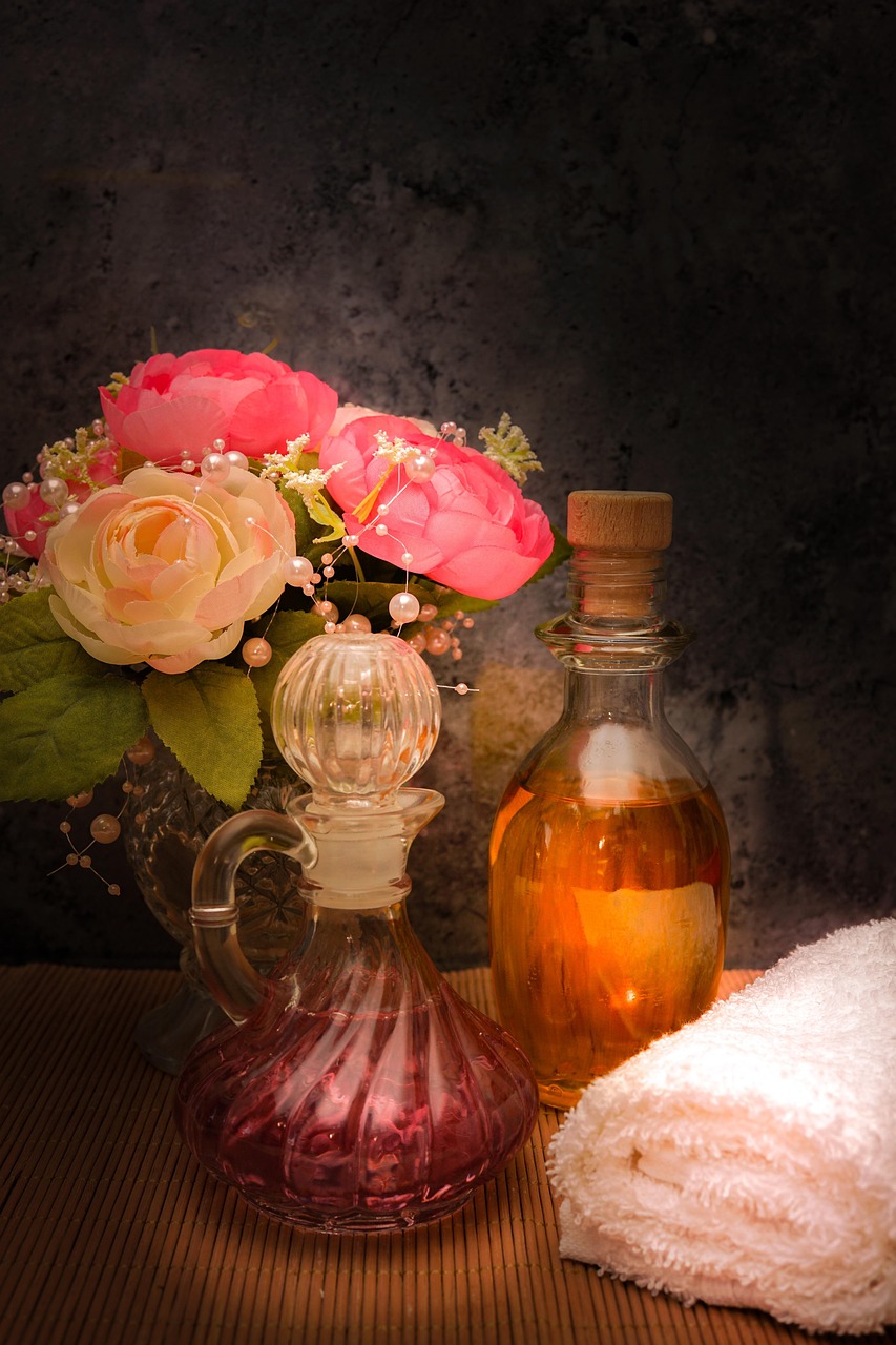 Home wellness, flower wallpaper, carafe, oil, rose flower, nature, massage, towel, white, flower background, floral background, beautiful wallpaper, flower, still life, spa, relaxation, background, glow of light, rolled, purple, bamboo, rose, health, bottles, beautiful flowers, iphone wallpaper